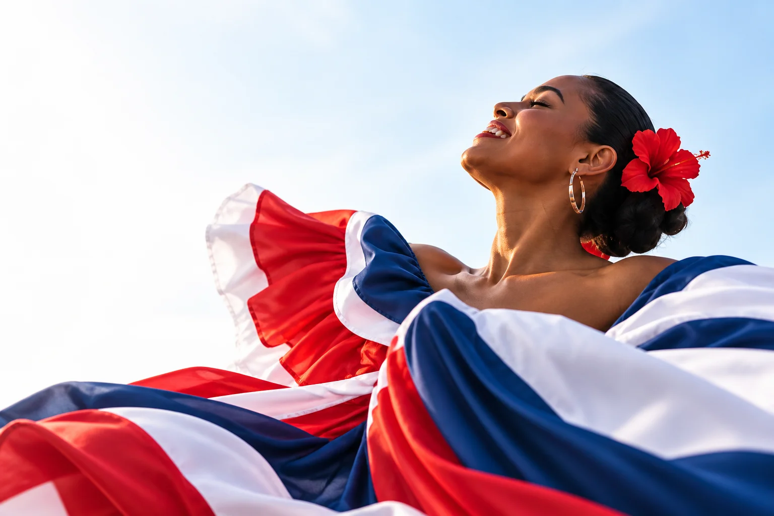 Illustrative cultural event artwork: a Dominican folkloric dancer in a red, white and blue dress.