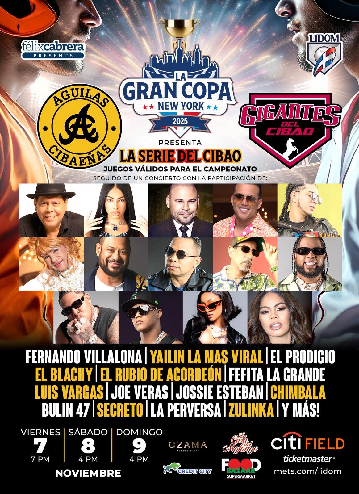 La Gran Copa New York 2025 poster: Águilas Cibaeñas vs. Gigantes del Cibao at Citi Field, November 7 to 9, followed by a concert.
