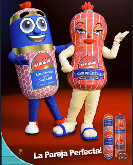 Super Vega’s Salami and Lomo de Chuleta mascots posing together under the line “La Pareja Perfecta!”